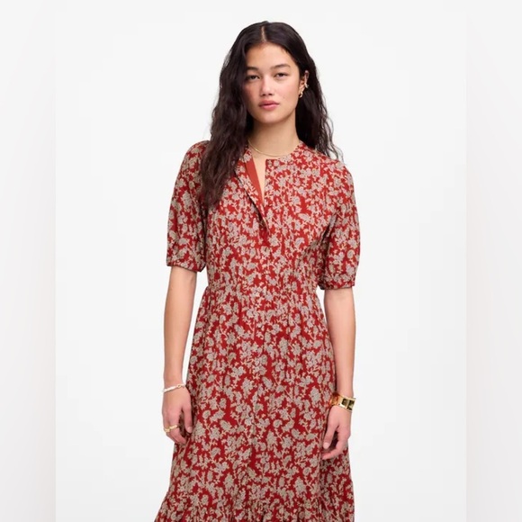 Madewell Pintucked Puff-Sleeve Midi Dress in Red Floral Fall Dress Size 00 NWT - Picture 3 of 15